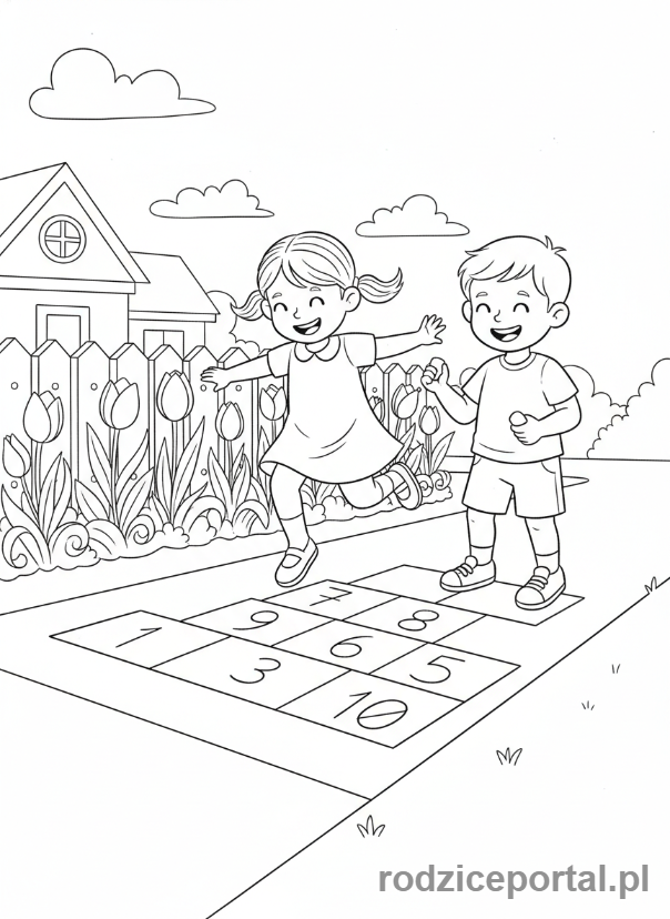 Kolorowanka Pory Roku Zadania - Dzieci grają w klasy wiosną