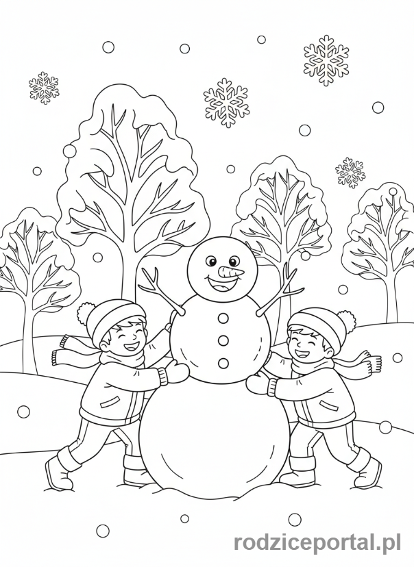 Kolorowanka Pory Roku Zadania - Dzieci lepią bałwana zimą