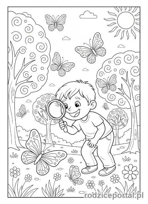Kolorowanka Pory Roku Zadania - Dziecko obserwuje motyle