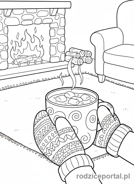 Kolorowanka Pory Roku Zadania - Dziecko pije kakao przy kominku