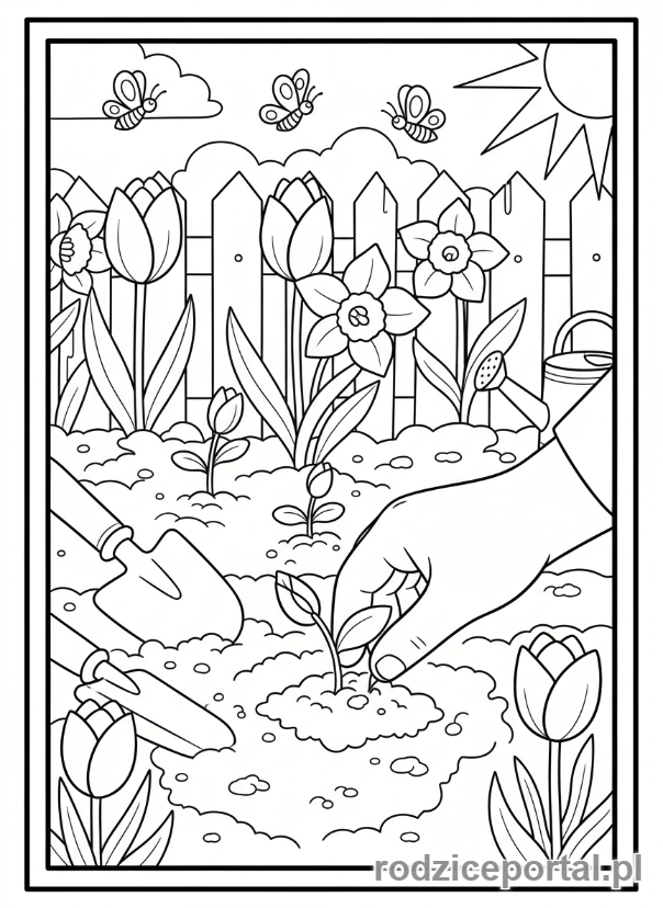 Kolorowanka Pory Roku Zadania - Dziecko sadzi kwiatki wiosną