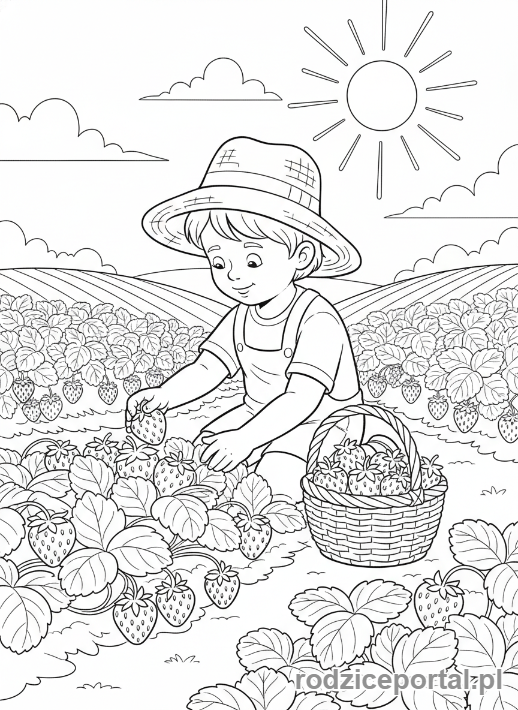 Kolorowanka Pory Roku Zadania - Dziecko zbiera truskawki latem