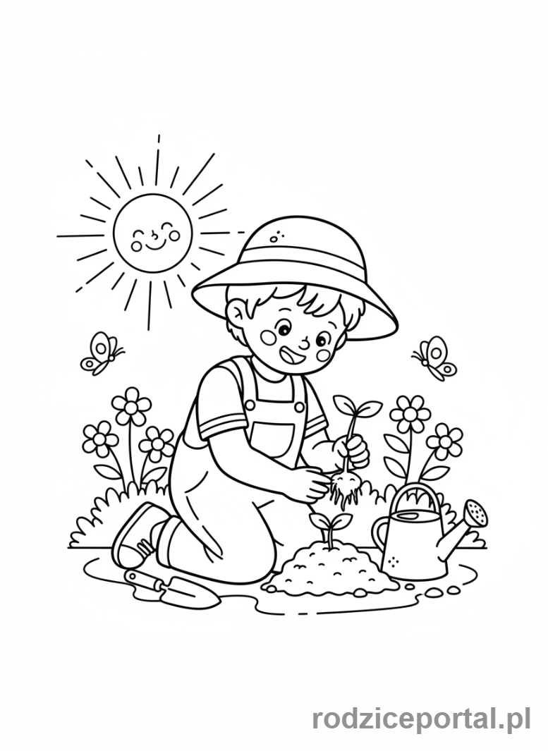 Kolorowanka Pozytywne Myślenie - Dziecko sadzi roślinę
