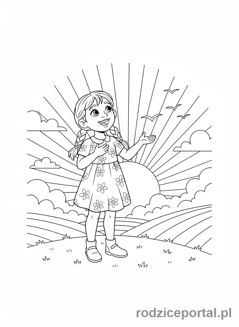 Kolorowanka Pozytywne Myślenie - Dziewczynka wschód słońca