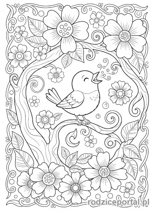Kolorowanka Pozytywne Myślenie - Ptak śpiewa kwiaty