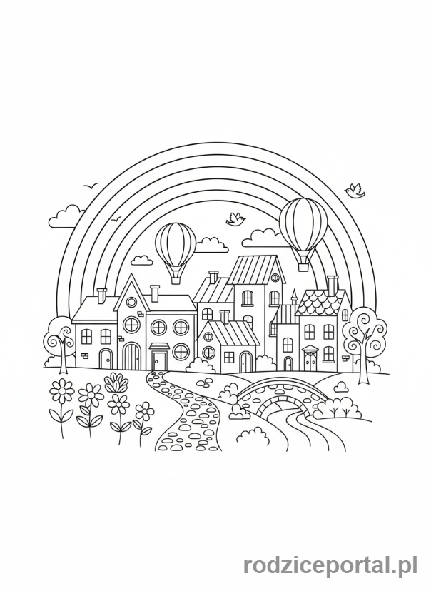 Kolorowanka Pozytywne Myślenie - Tęcza nad miastem