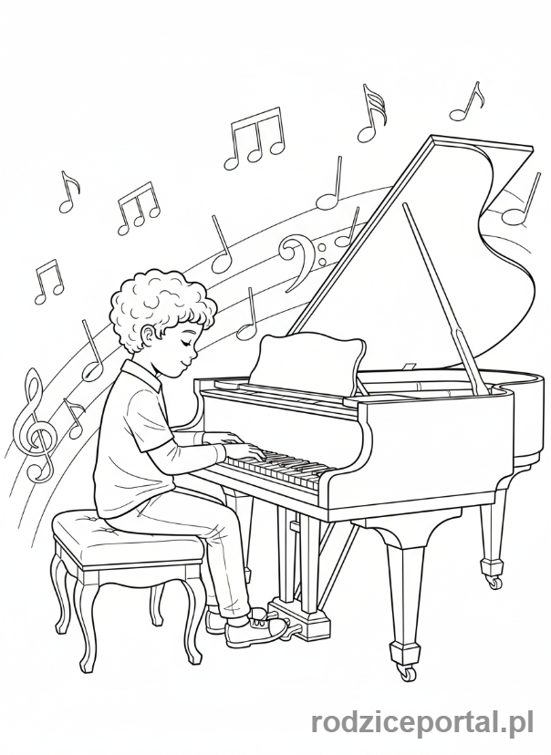 Kolorowanka Praca Indywidualna - Chłopiec gra na pianinie