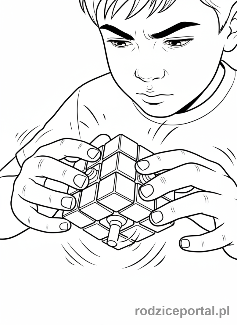Kolorowanka Praca Indywidualna - Chłopiec rozwiązuje kostkę Rubika