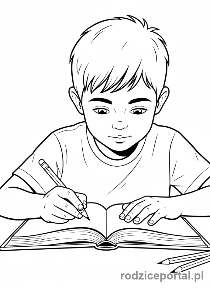 Kolorowanka Praca Indywidualna - Chłopiec uczy się przy biurku