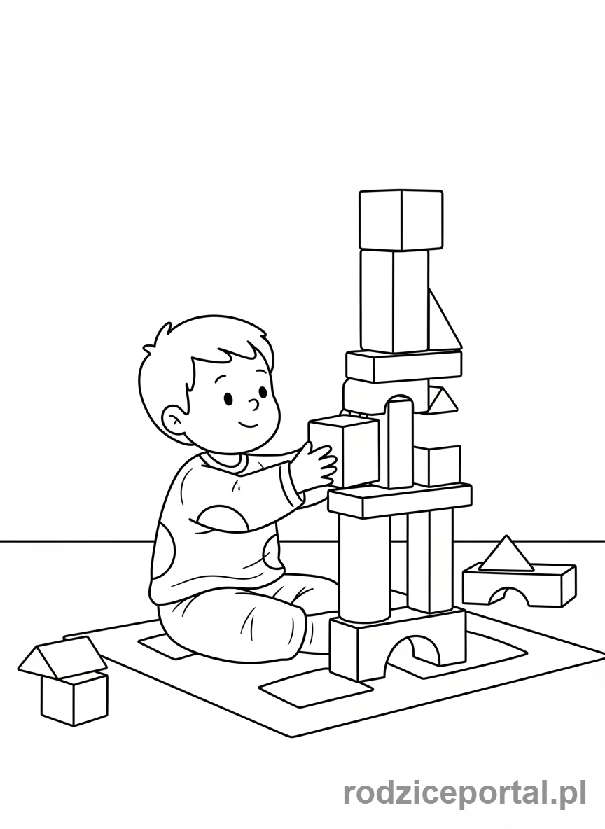 Kolorowanka Praca Indywidualna - Dziecko buduje wieżę z klocków
