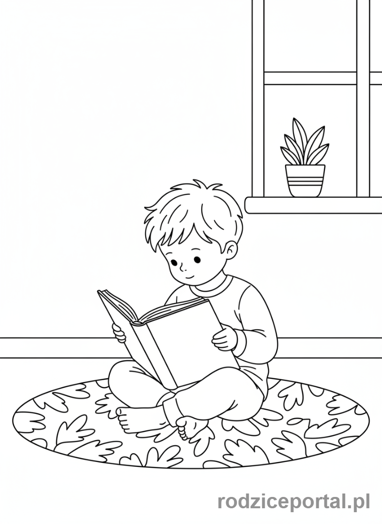 Kolorowanka Praca Indywidualna - Dziecko czyta książkę na dywanie