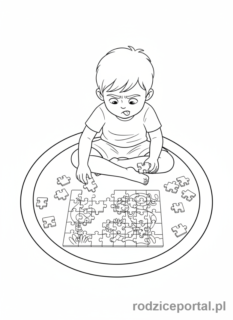 Kolorowanka Praca Indywidualna - Dziecko układa puzzle
