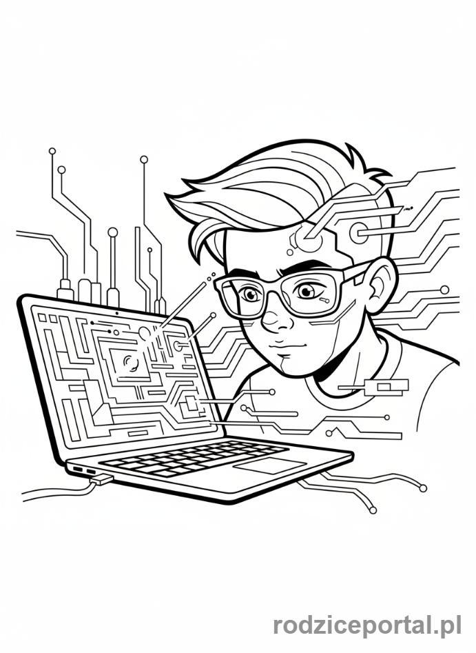 Kolorowanka Praca Indywidualna - Nastolatek programuje na laptopie