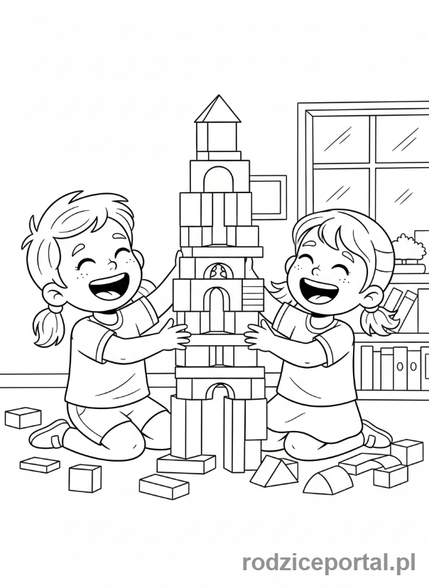 Kolorowanka Praca W Grupie - Dzieci budują wieżę