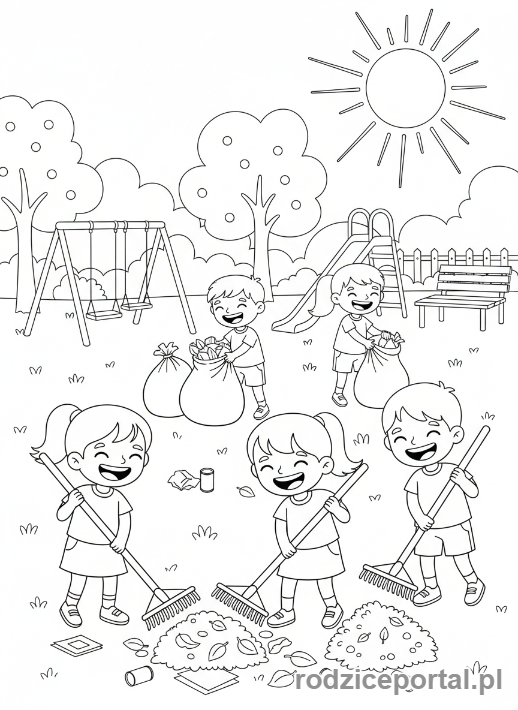 Kolorowanka Praca W Grupie - Dzieci sprzątają park