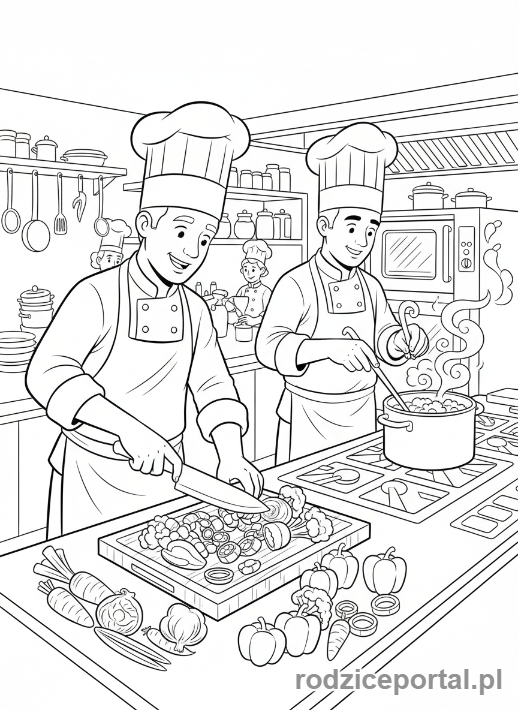 Kolorowanka Praca W Grupie - Kucharze gotują
