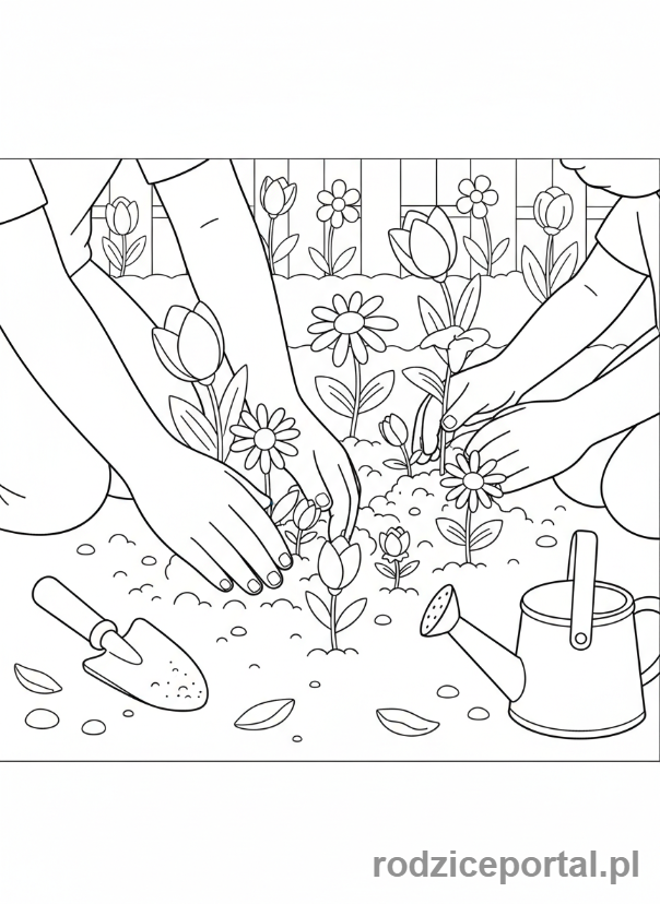 Kolorowanka Praca W Grupie - Ogrodnicy sadzą kwiaty