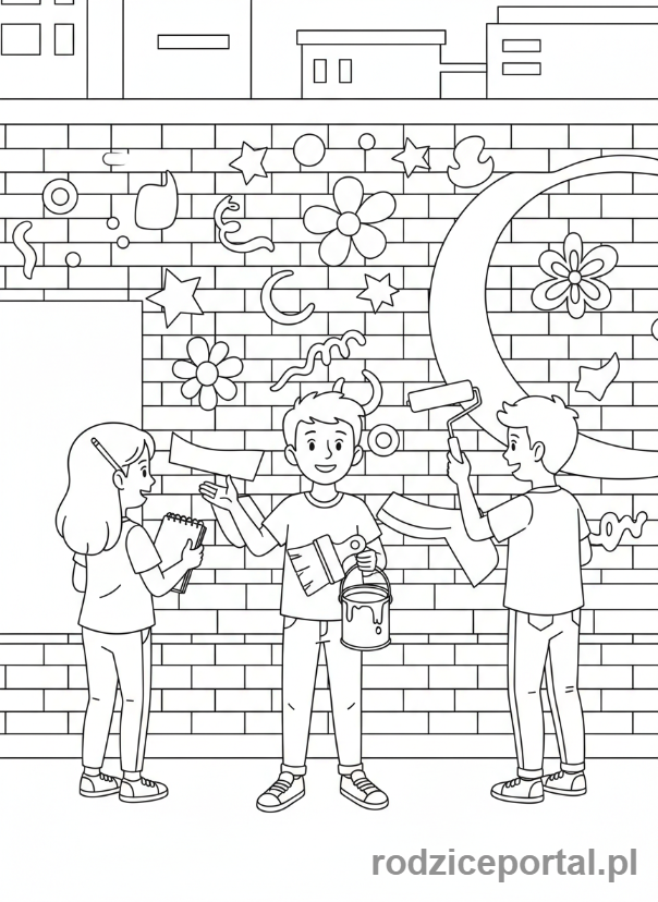 Kolorowanka Praca W Grupie - Przyjaciele malują mural