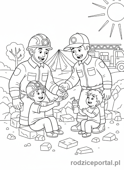 Kolorowanka Praca W Grupie - Ratownicy pomagają