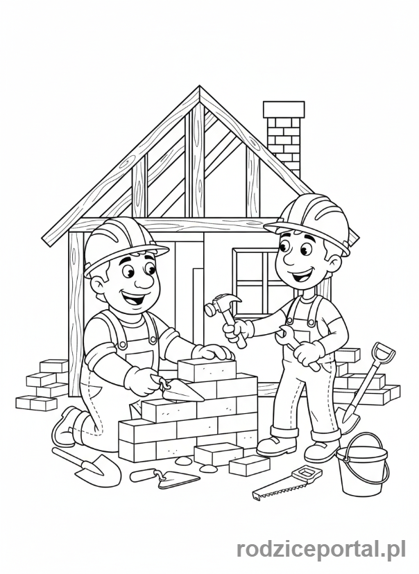 Kolorowanka Praca W Grupie - Robotnicy budują dom