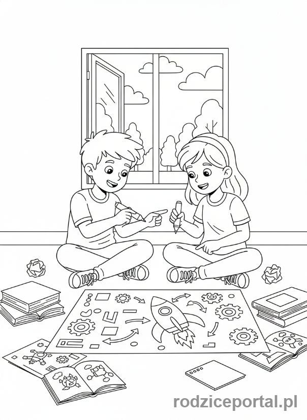 Kolorowanka Praca W Grupie - Uczniowie nad projektem