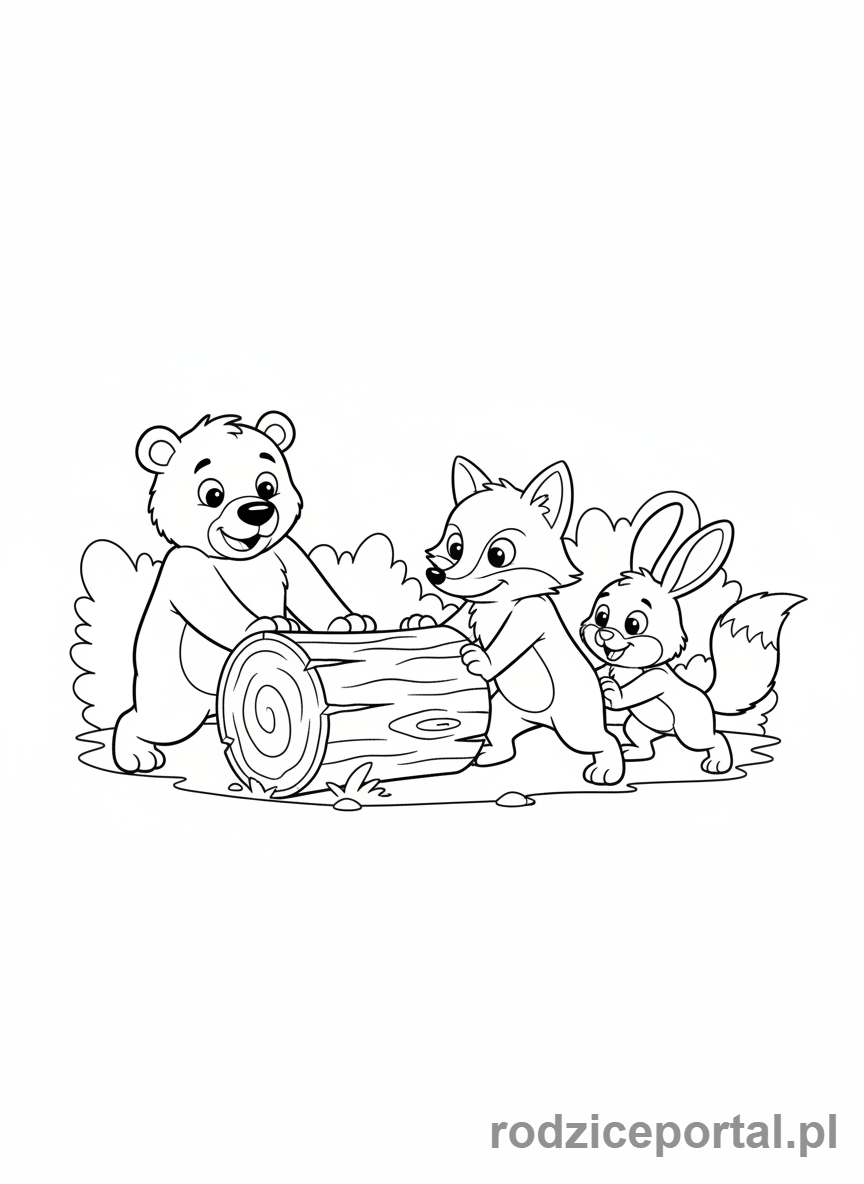 Kolorowanka Praca W Grupie - Zwierzęta przenoszą kłodę