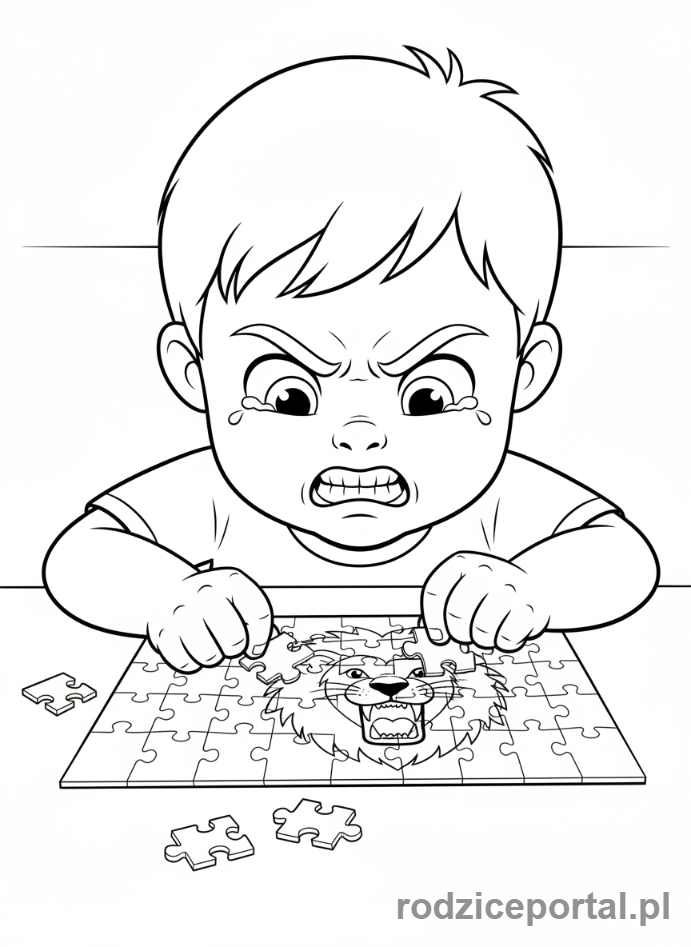 Kolorowanka Praca Z Emocjami - Dziecko okazujące frustrację przy układaniu puzzli