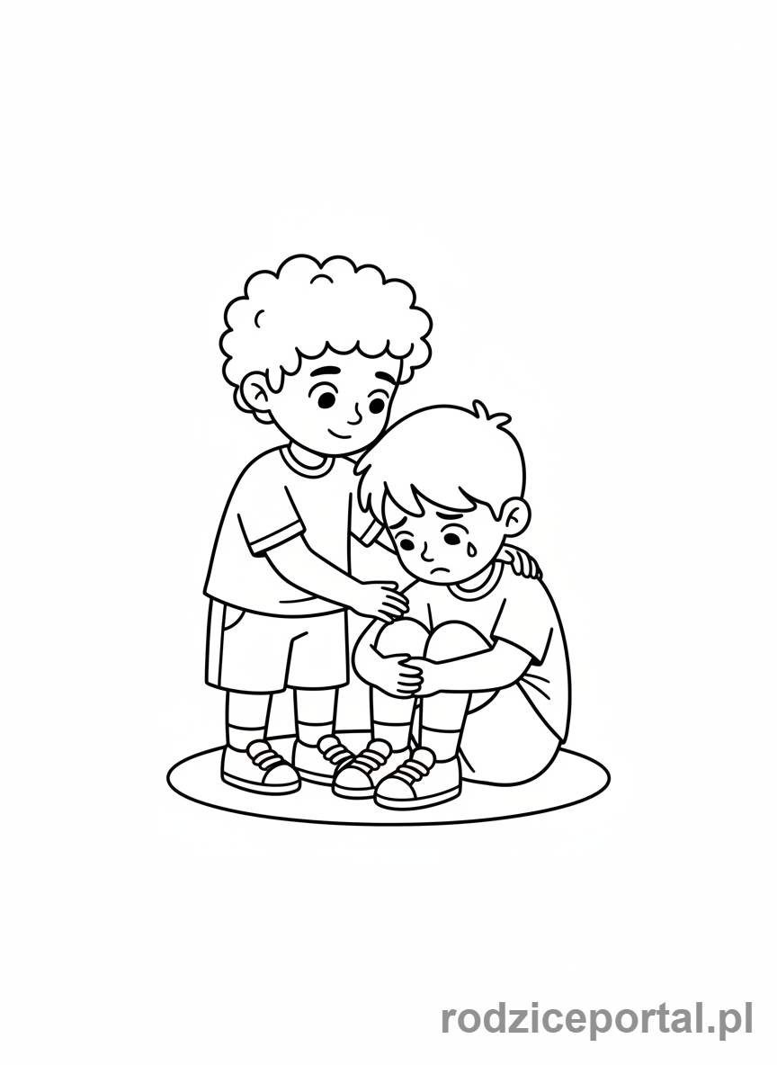 Kolorowanka Praca Z Emocjami - Dziecko pocieszające przyjaciela, gest empatii