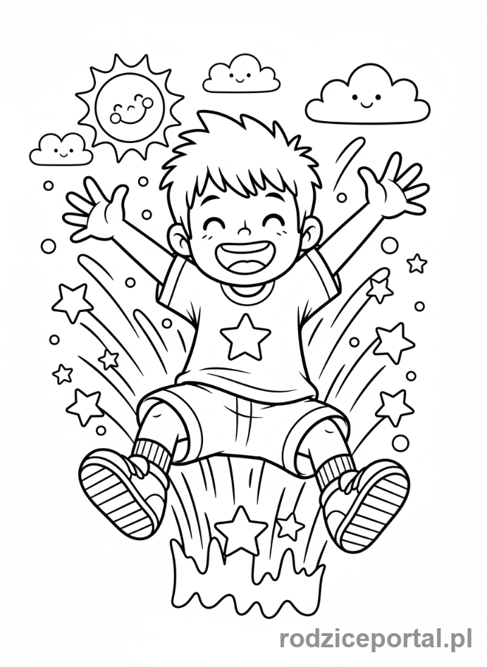 Kolorowanka Praca Z Emocjami - Dziecko skaczące z ekscytacji, pełna akcja