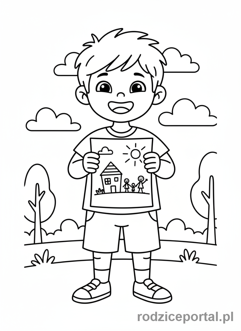Kolorowanka Praca Z Emocjami - Dziecko z dumą prezentujące swój rysunek