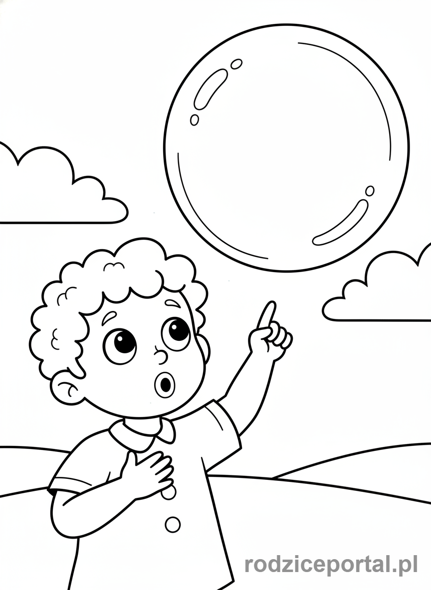 Kolorowanka Praca Z Emocjami - Dziecko zaskoczone widokiem dużej bańki mydlanej