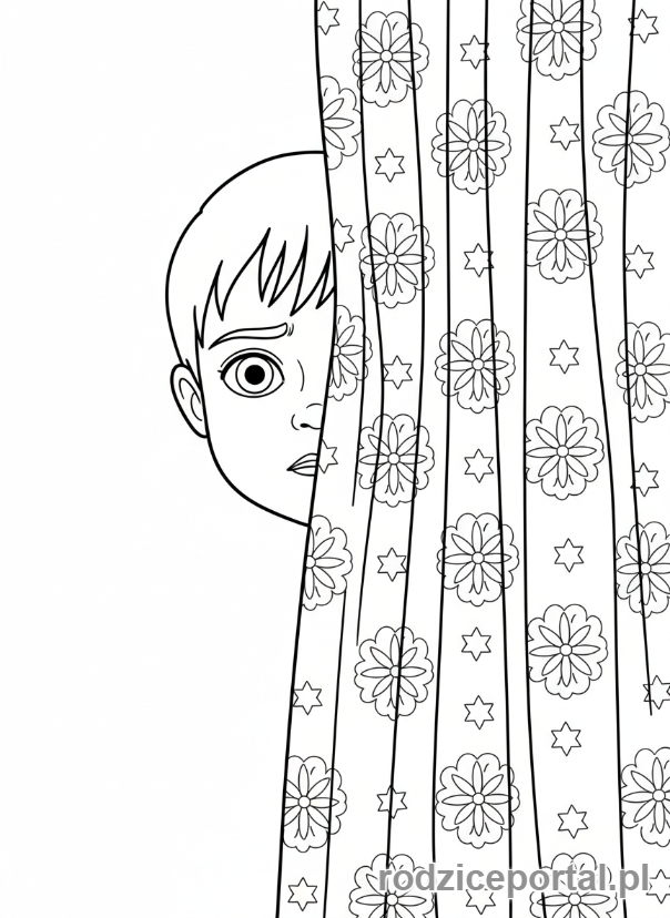 Kolorowanka Praca Z Emocjami - Lekko przestraszone dziecko chowające się za kotarą