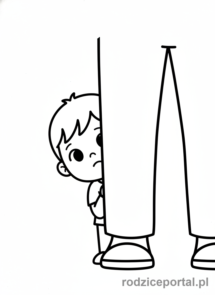 Kolorowanka Praca Z Emocjami - Nieśmiałe dziecko zza pleców dorosłego