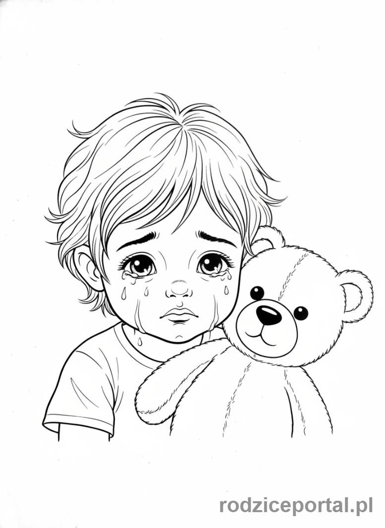 Kolorowanka Praca Z Emocjami - Smutne dziecko przytulające misia, bliskie ujęcie