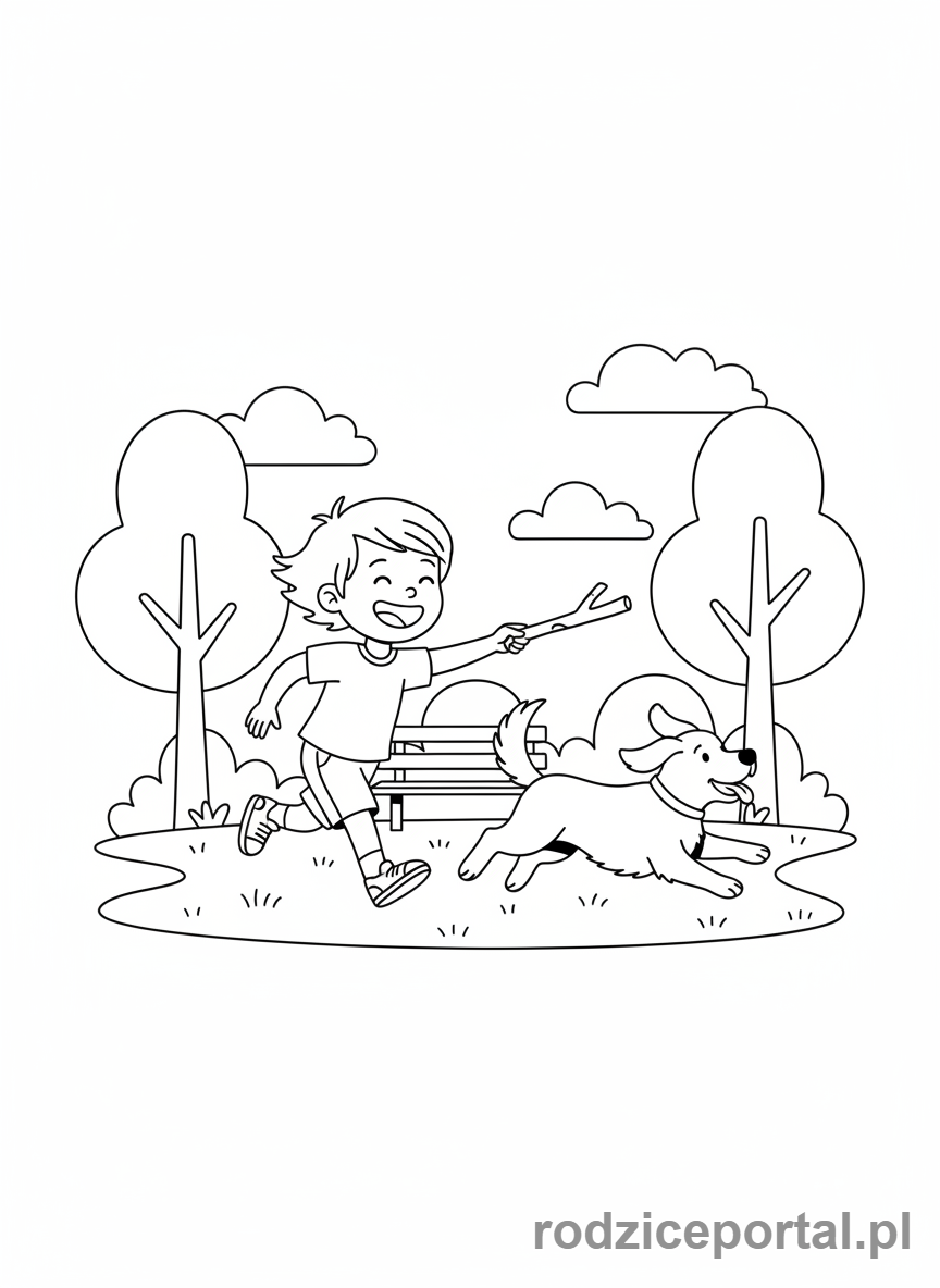 Kolorowanka Praca Z Emocjami - Szczęśliwe dziecko bawiące się z psem w parku