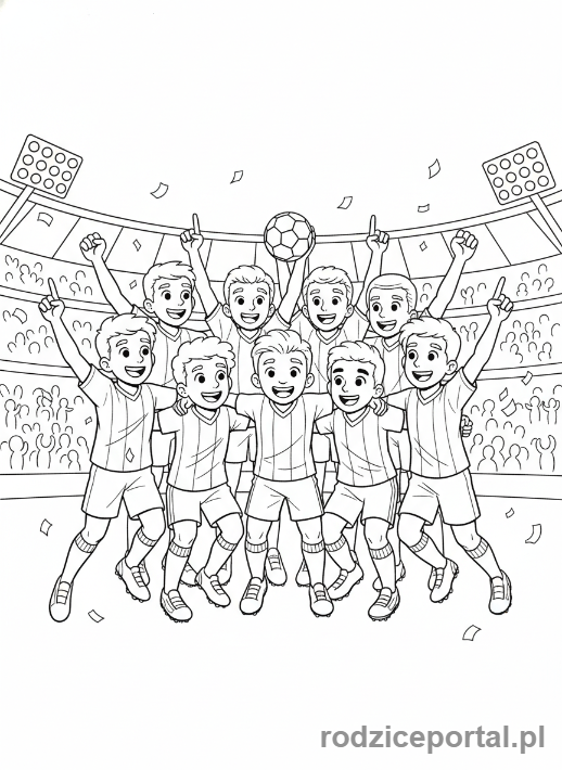 Kolorowanka Praca Zespołowa - Drużyna świętuje gola