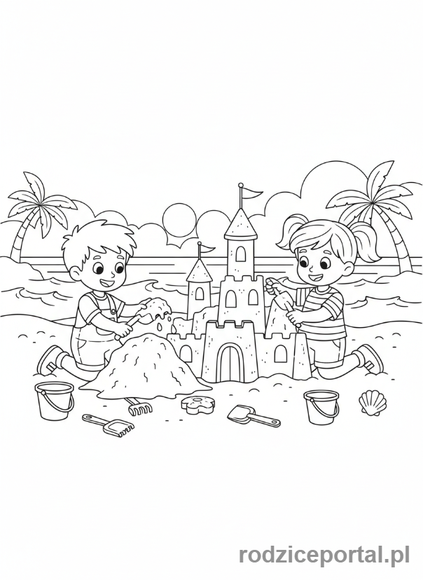 Kolorowanka Praca Zespołowa - Dzieci budują zamek z piasku
