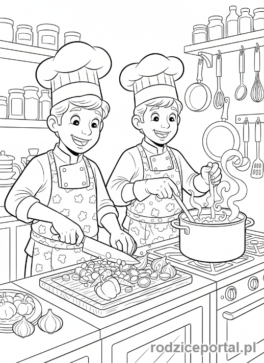 Kolorowanka Praca Zespołowa - Kucharze gotują w kuchni