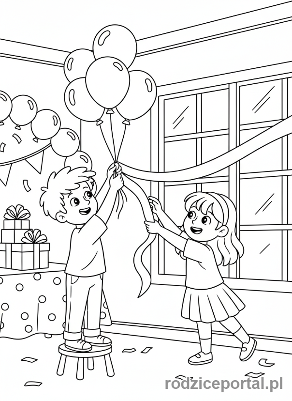 Kolorowanka Praca Zespołowa - Przyjaciele dekorują pokój