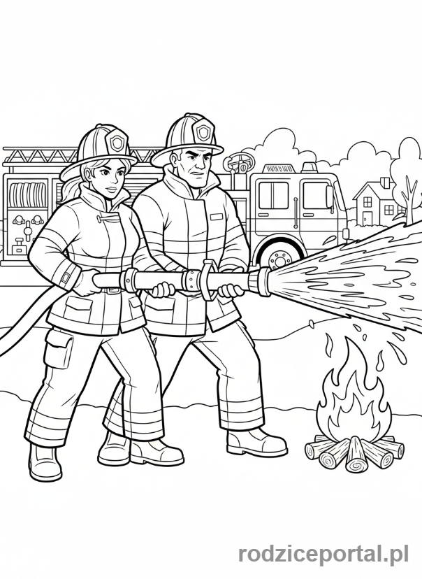 Kolorowanka Praca Zespołowa - Strażacy gaszą pożar