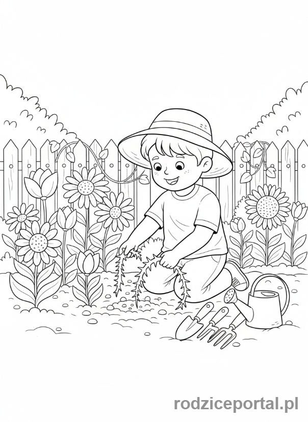 Kolorowanka Prace Domowe - Pomoc w ogrodzie
