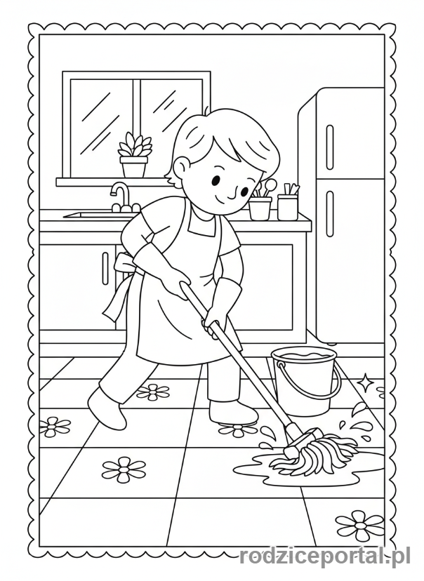 Kolorowanka Prace Domowe - Wycieranie podlogi
