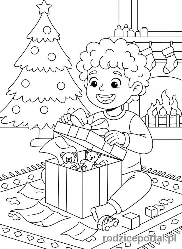 Kolorowanka Prezent - Dziecko otwierające prezent