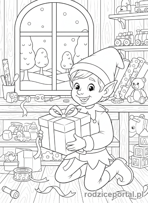 Kolorowanka Prezent - Elf pakujący prezent