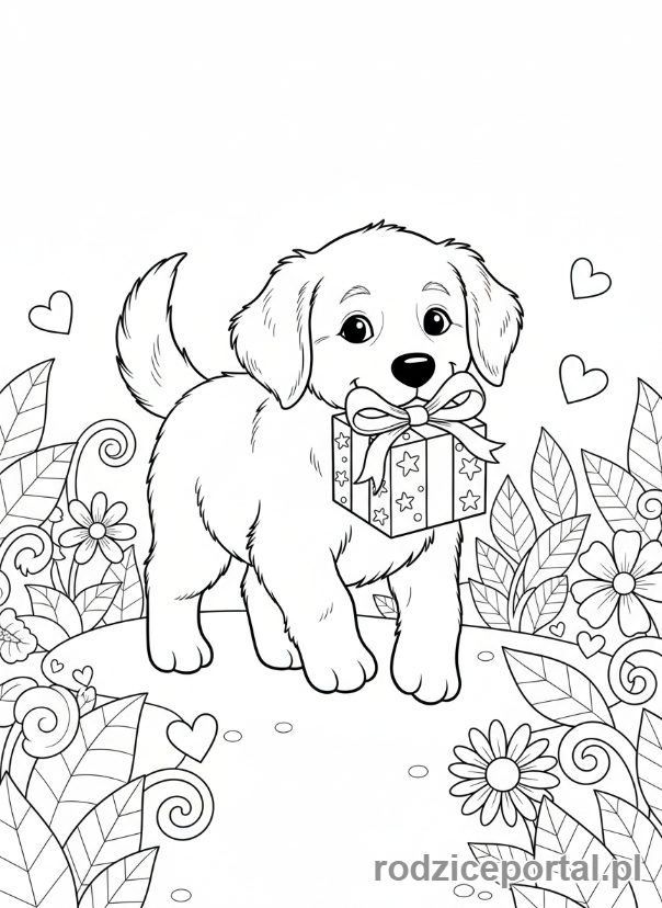 Kolorowanka Prezent - Pies z prezentem w pysku