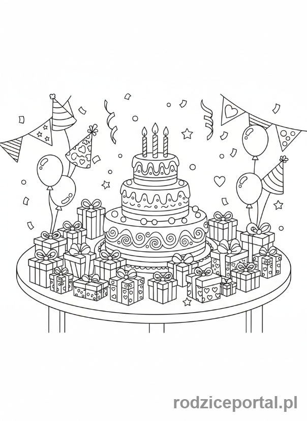 Kolorowanka Prezent - Urodzinowy tort z prezentami