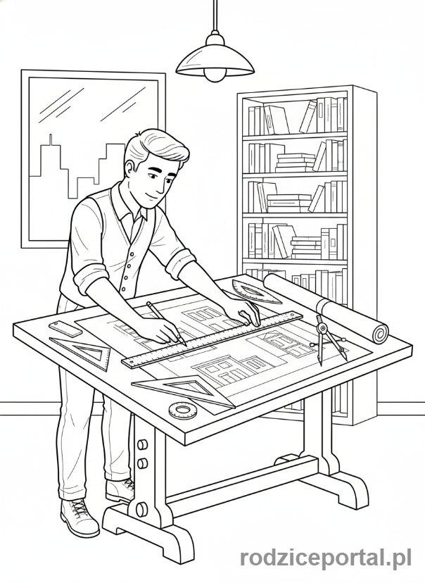 Kolorowanka Projektant - Architekt przy desce kreślarskiej