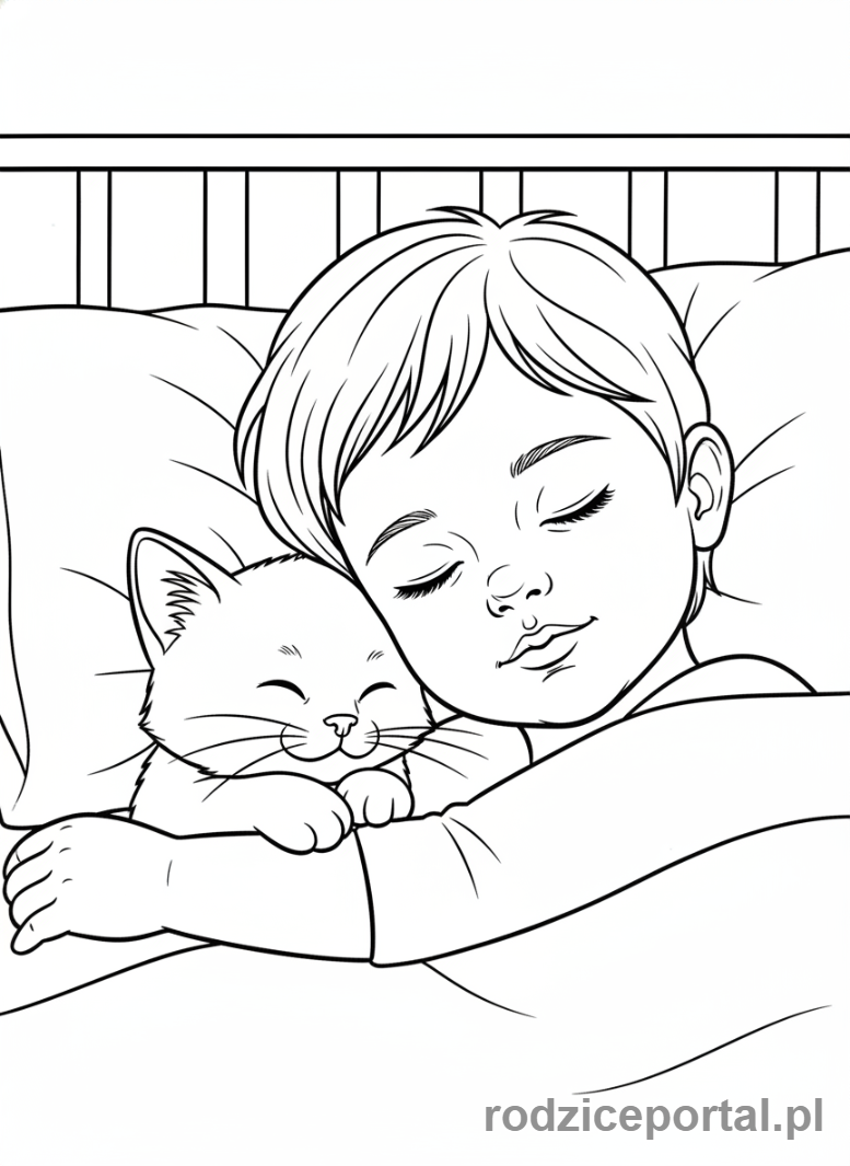 Kolorowanka Przed Snem - Dziecko przytulające kota