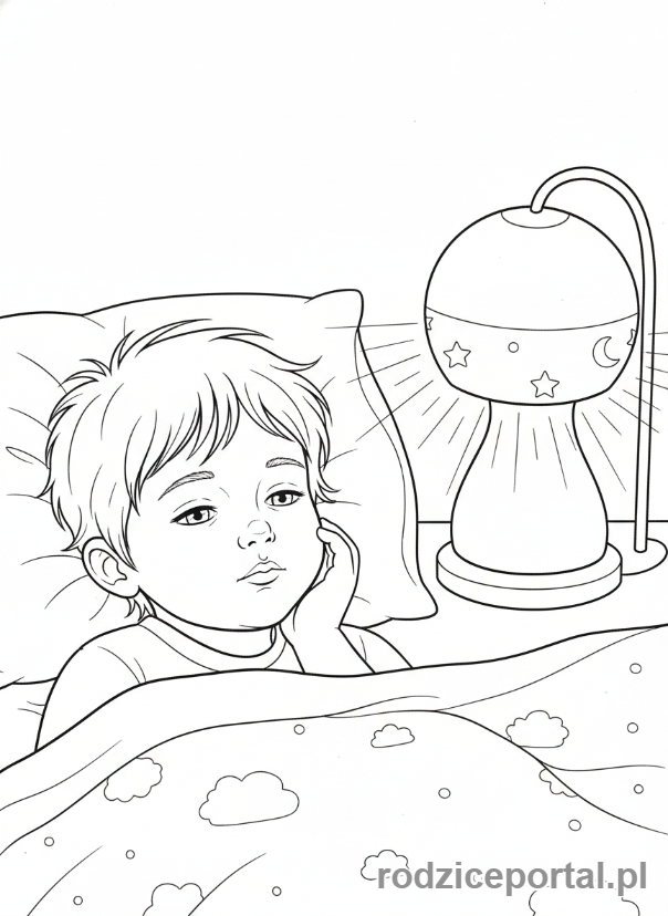 Kolorowanka Przed Snem - Dziecko zasypiające przy lampce nocnej