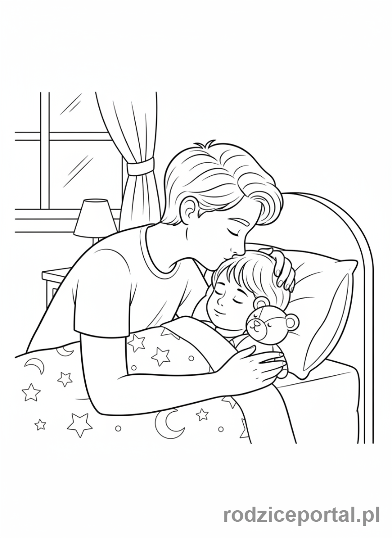 Kolorowanka Przed Snem - Rodzic dający buziaka na dobranoc